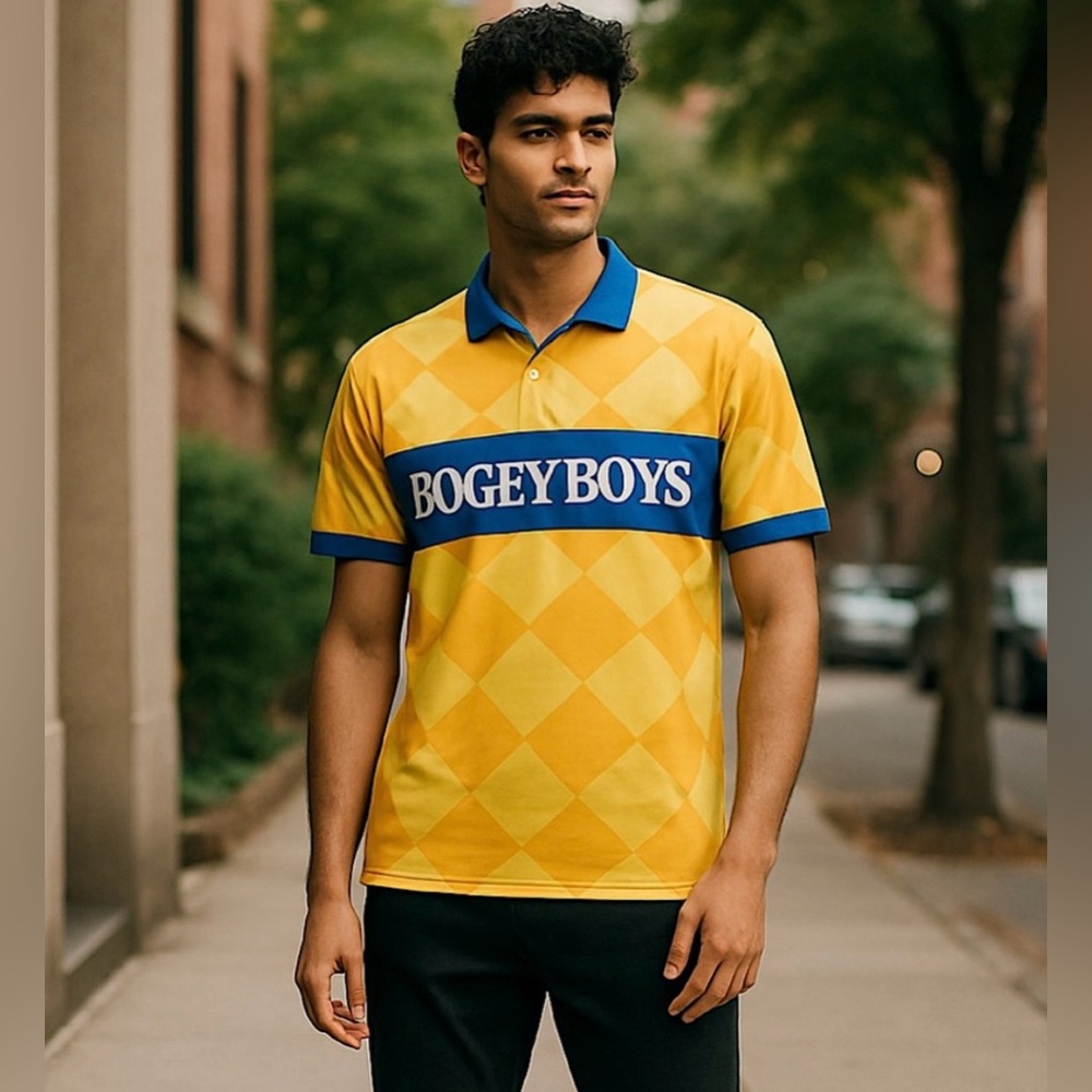 NWT Bogey Boys Golf Polo by Macklemore Checkered argyle Men's Sz XL Yellow Blue